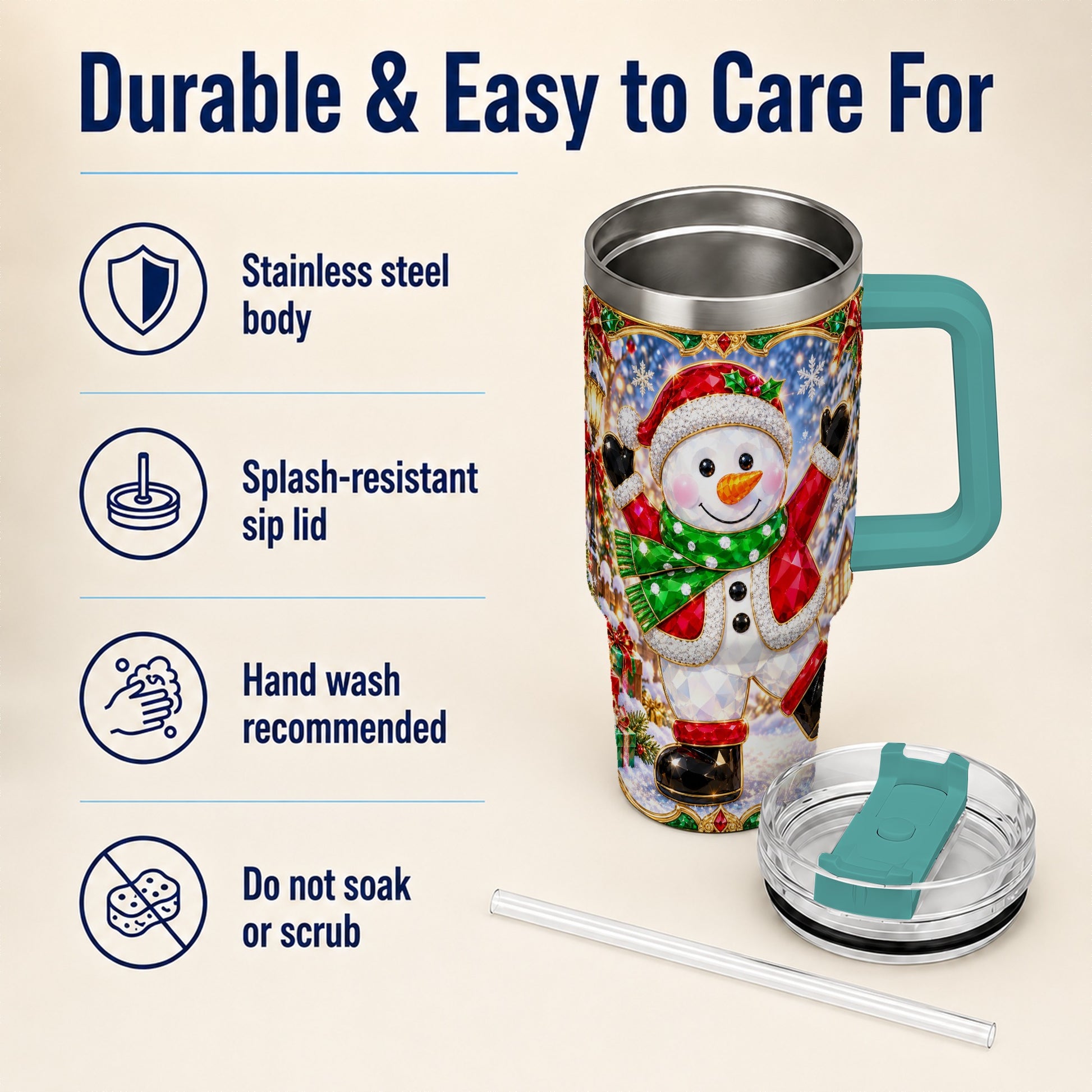 #pl[40oz|Green] Christmas Snowman 40oz Tumbler with Handle, Holiday Travel Cup