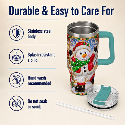 #pl[40oz|Green] Christmas Snowman 40oz Tumbler with Handle, Holiday Travel Cup