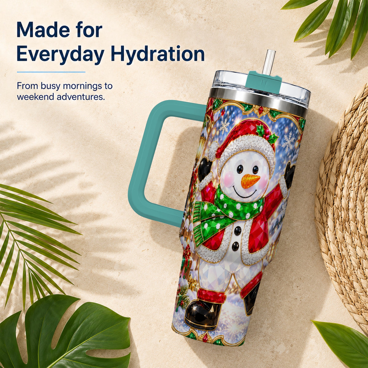 #pl[40oz|Green] Christmas Snowman 40oz Tumbler with Handle, Holiday Travel Cup