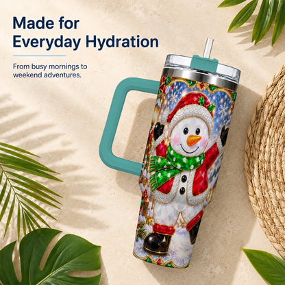 #pl[40oz|Green] Christmas Snowman 40oz Tumbler with Handle, Holiday Travel Cup