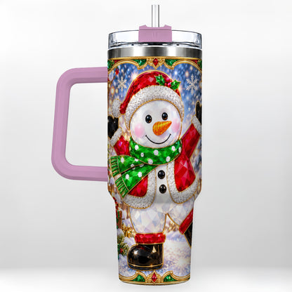 #pl[40oz|Pink] Christmas Snowman 40oz Tumbler with Handle, Holiday Travel Cup