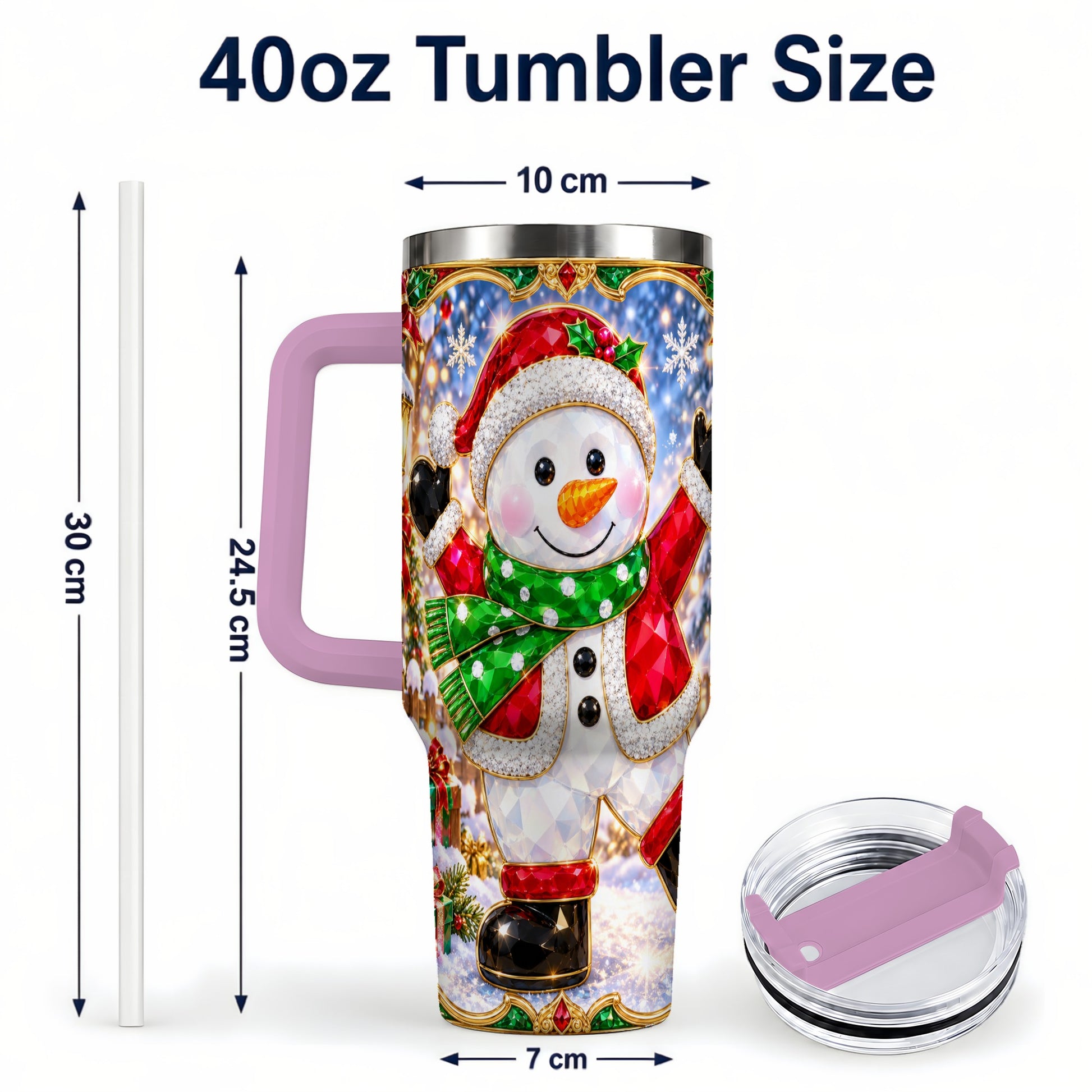 #pl[40oz|Pink] Christmas Snowman 40oz Tumbler with Handle, Holiday Travel Cup