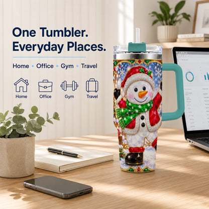 #pl[40oz|Green] Christmas Snowman 40oz Tumbler with Handle, Holiday Travel Cup
