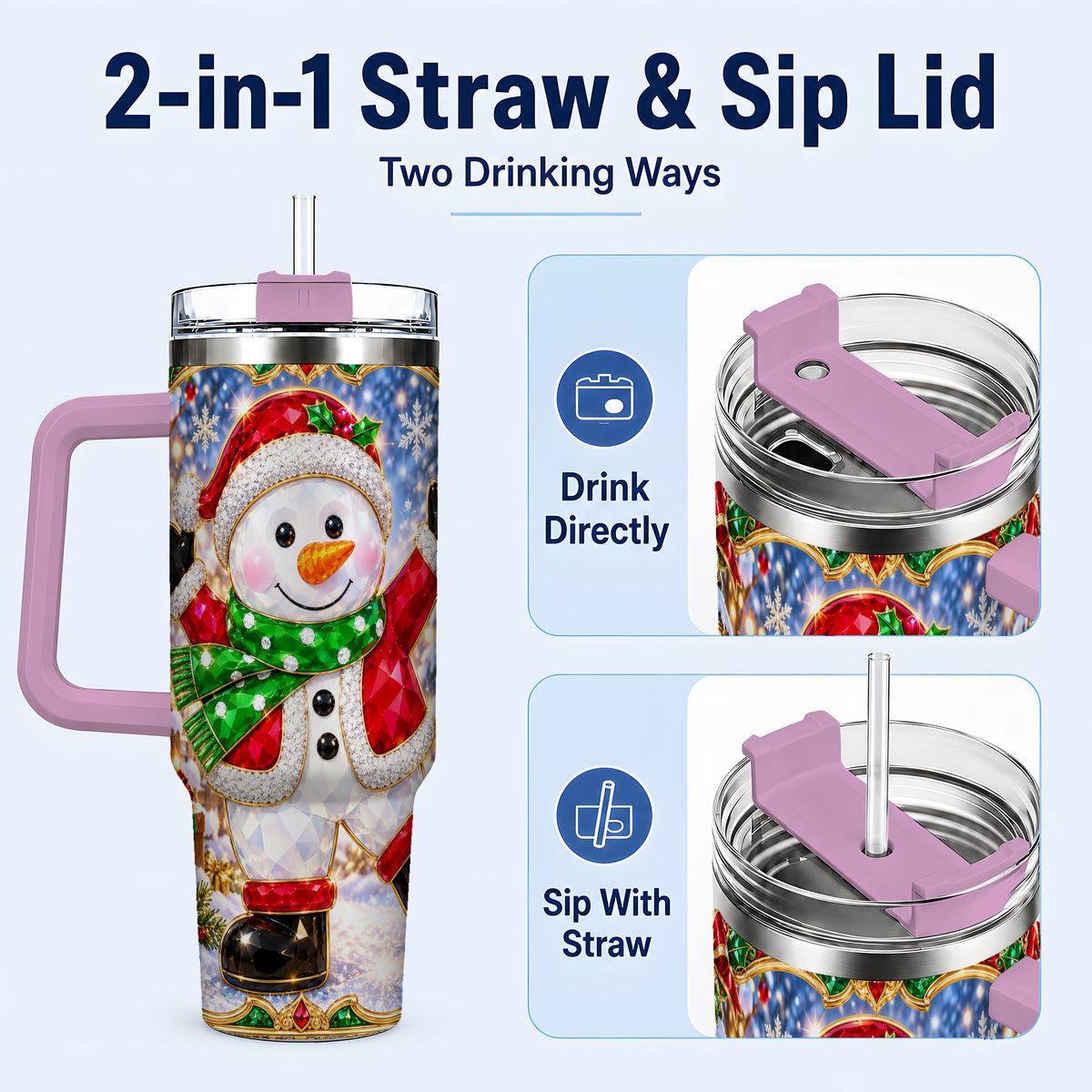 #pl[40oz|Pink] Christmas Snowman 40oz Tumbler with Handle, Holiday Travel Cup