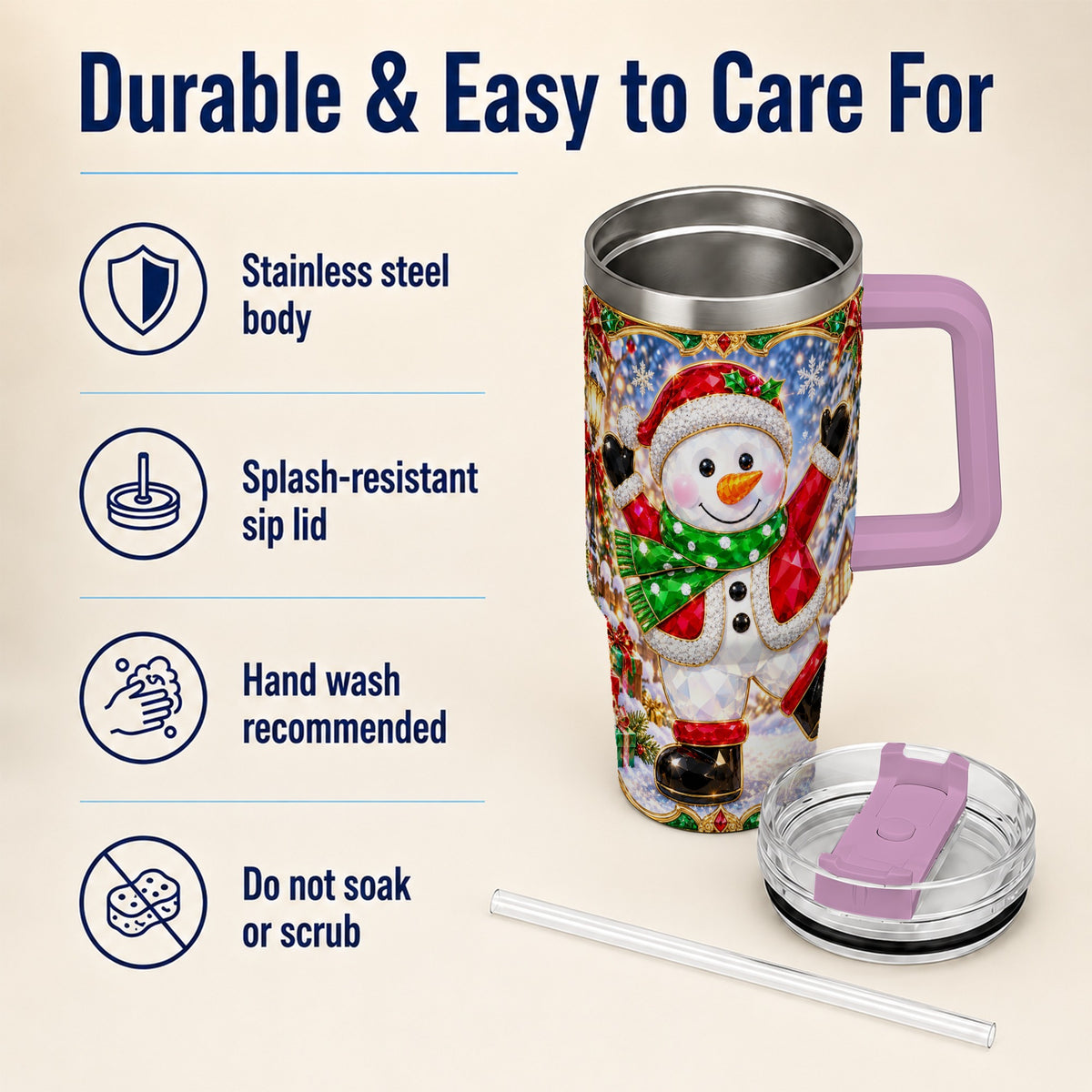 #pl[40oz|Pink] Christmas Snowman 40oz Tumbler with Handle, Holiday Travel Cup