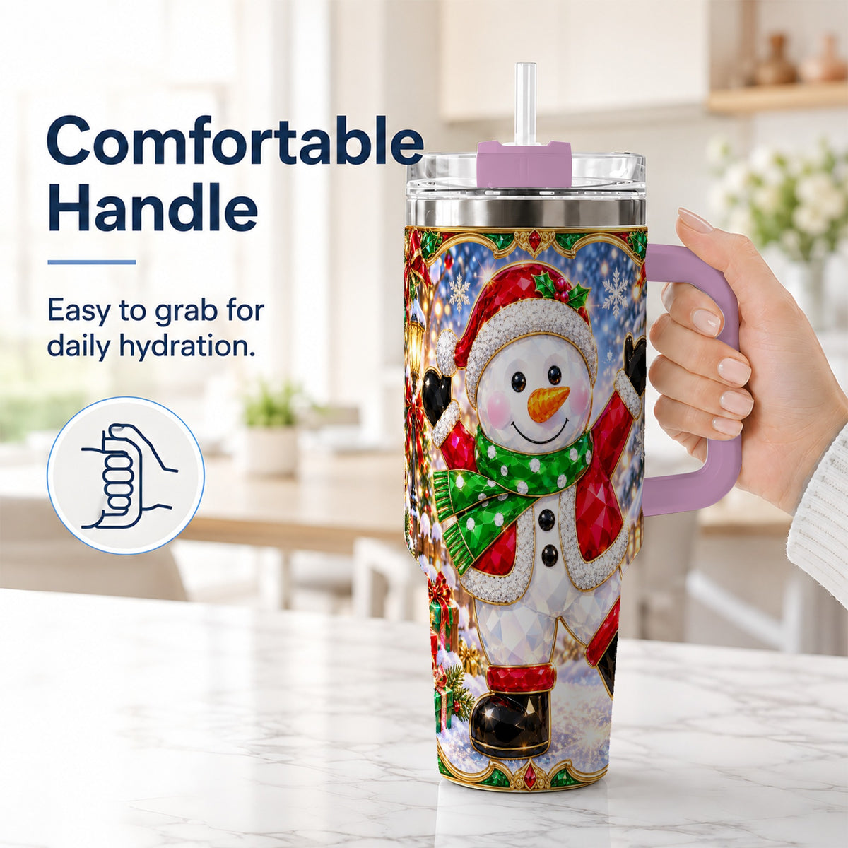 #pl[40oz|Pink] Christmas Snowman 40oz Tumbler with Handle, Holiday Travel Cup