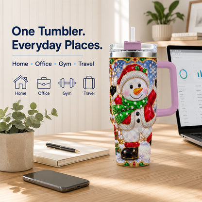 #pl[40oz|Pink] Christmas Snowman 40oz Tumbler with Handle, Holiday Travel Cup