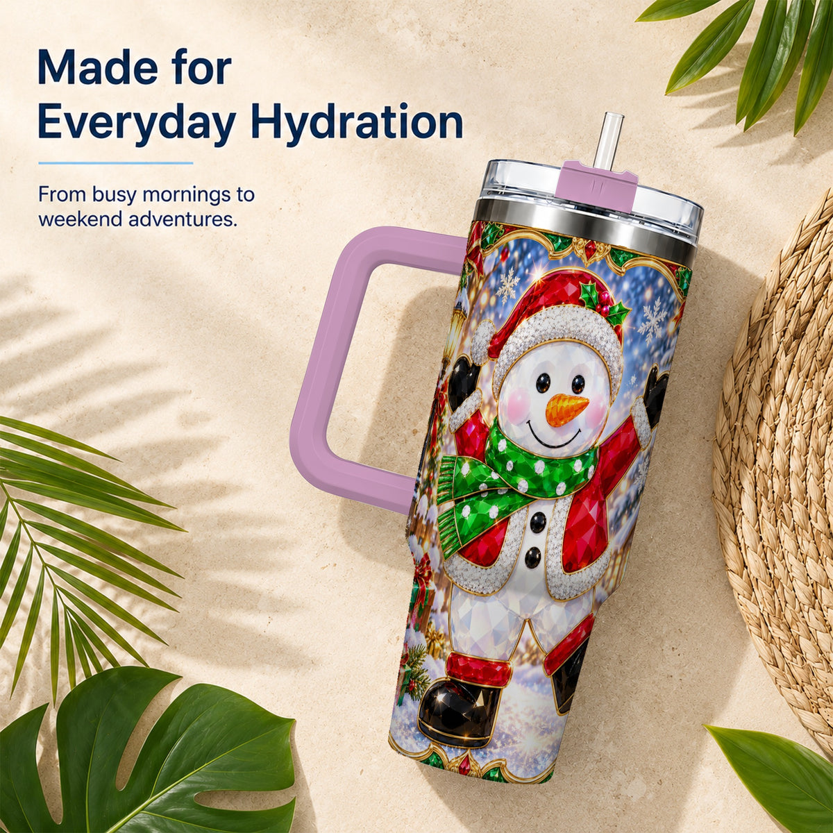 #pl[40oz|Pink] Christmas Snowman 40oz Tumbler with Handle, Holiday Travel Cup