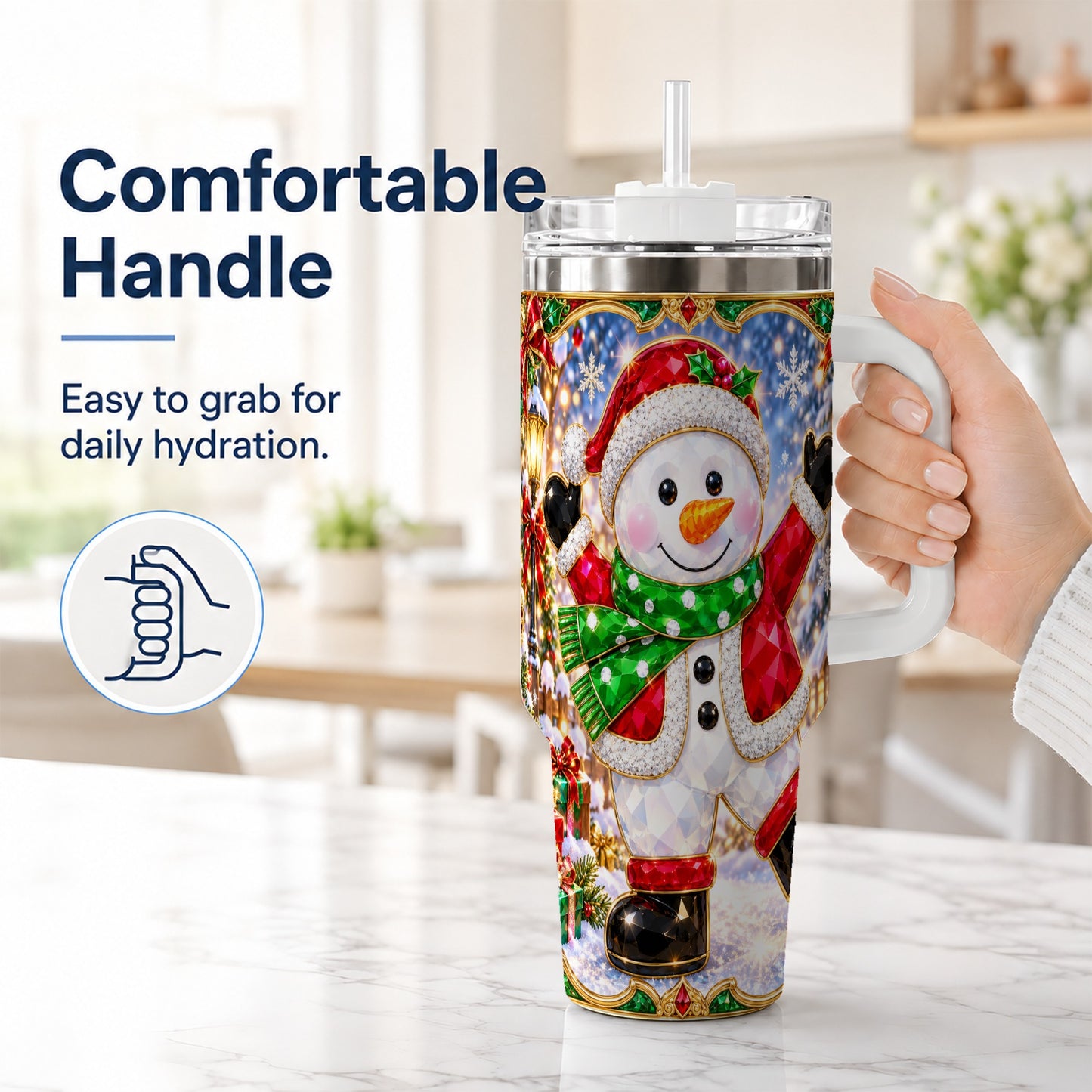 #pl[40oz|White] Christmas Snowman 40oz Tumbler with Handle, Holiday Travel Cup