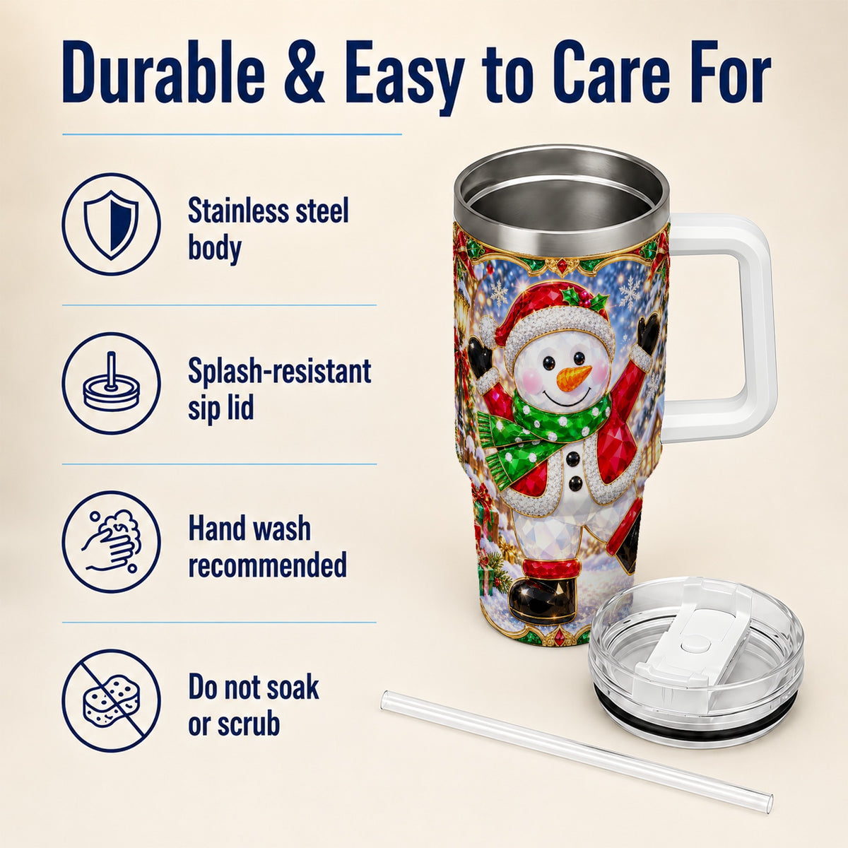 #pl[40oz|White] Christmas Snowman 40oz Tumbler with Handle, Holiday Travel Cup