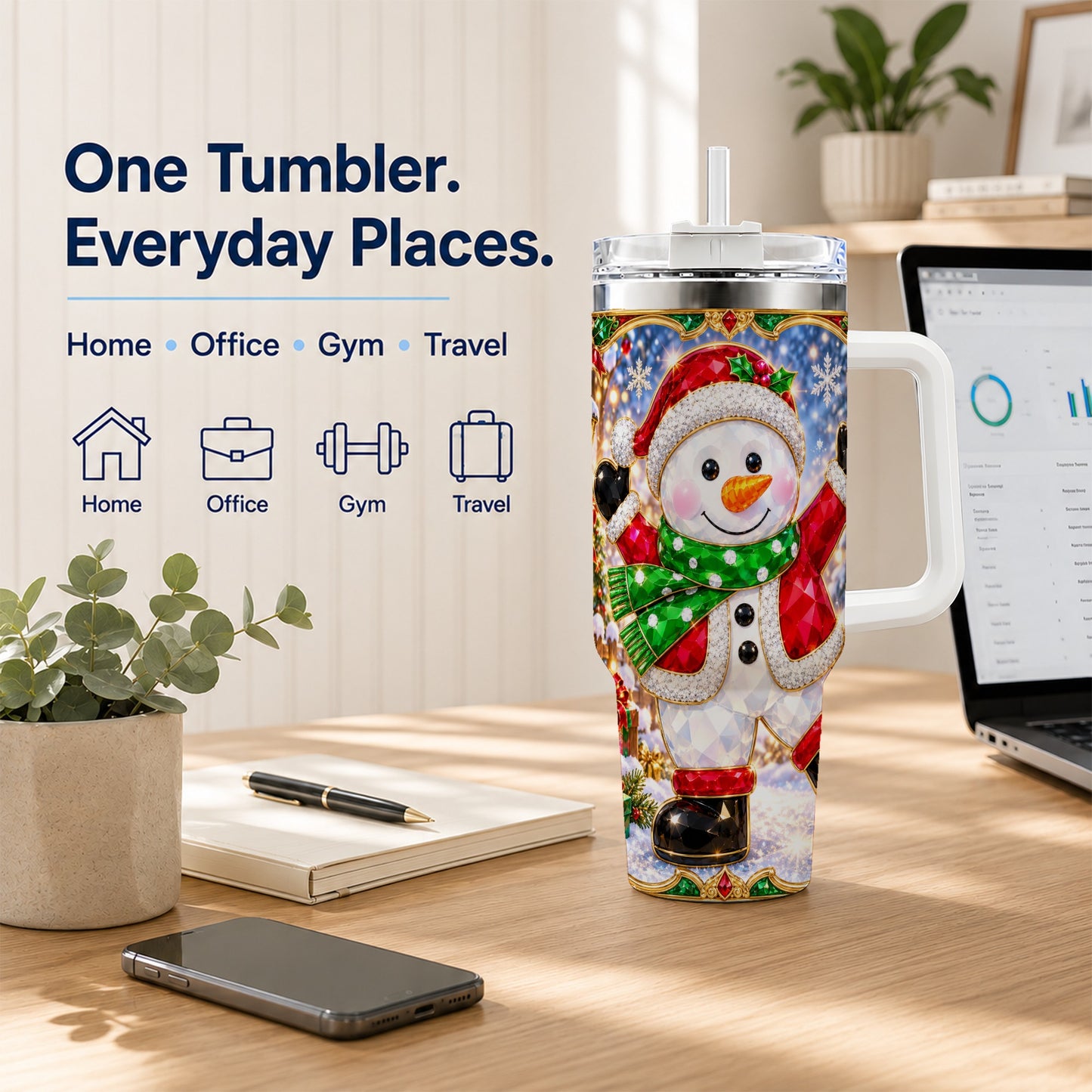 #pl[40oz|White] Christmas Snowman 40oz Tumbler with Handle, Holiday Travel Cup