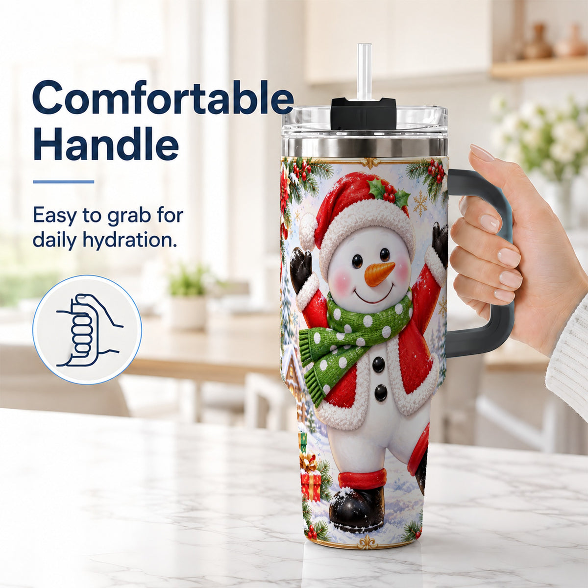 #pl[40oz|Black] Christmas Snowman 40oz Tumbler with Handle, Festive Winter Travel Cup