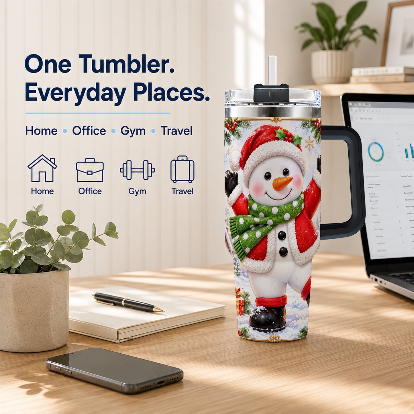 #pl[40oz|Black] Christmas Snowman 40oz Tumbler with Handle, Festive Winter Travel Cup