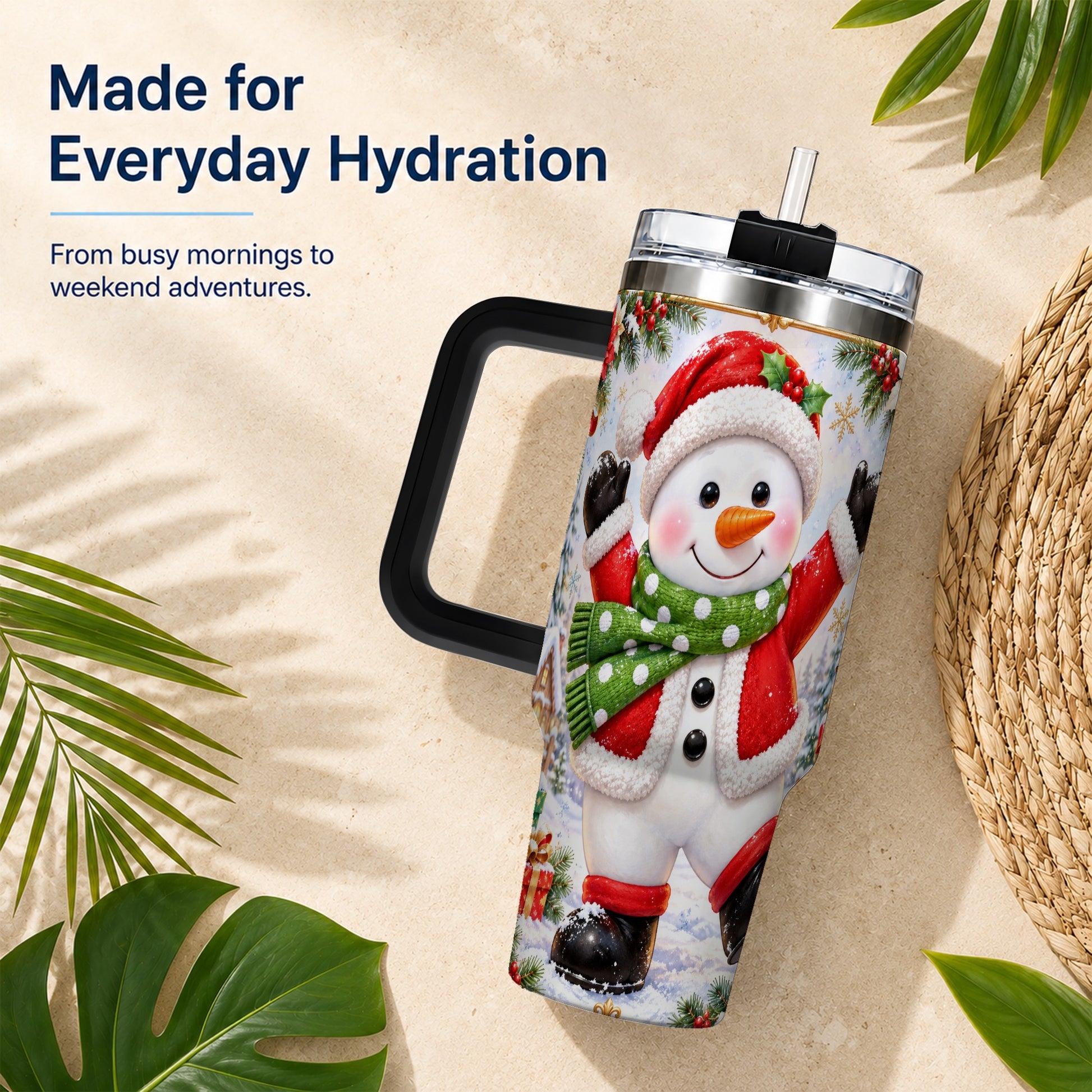 #pl[40oz|Black] Christmas Snowman 40oz Tumbler with Handle, Festive Winter Travel Cup