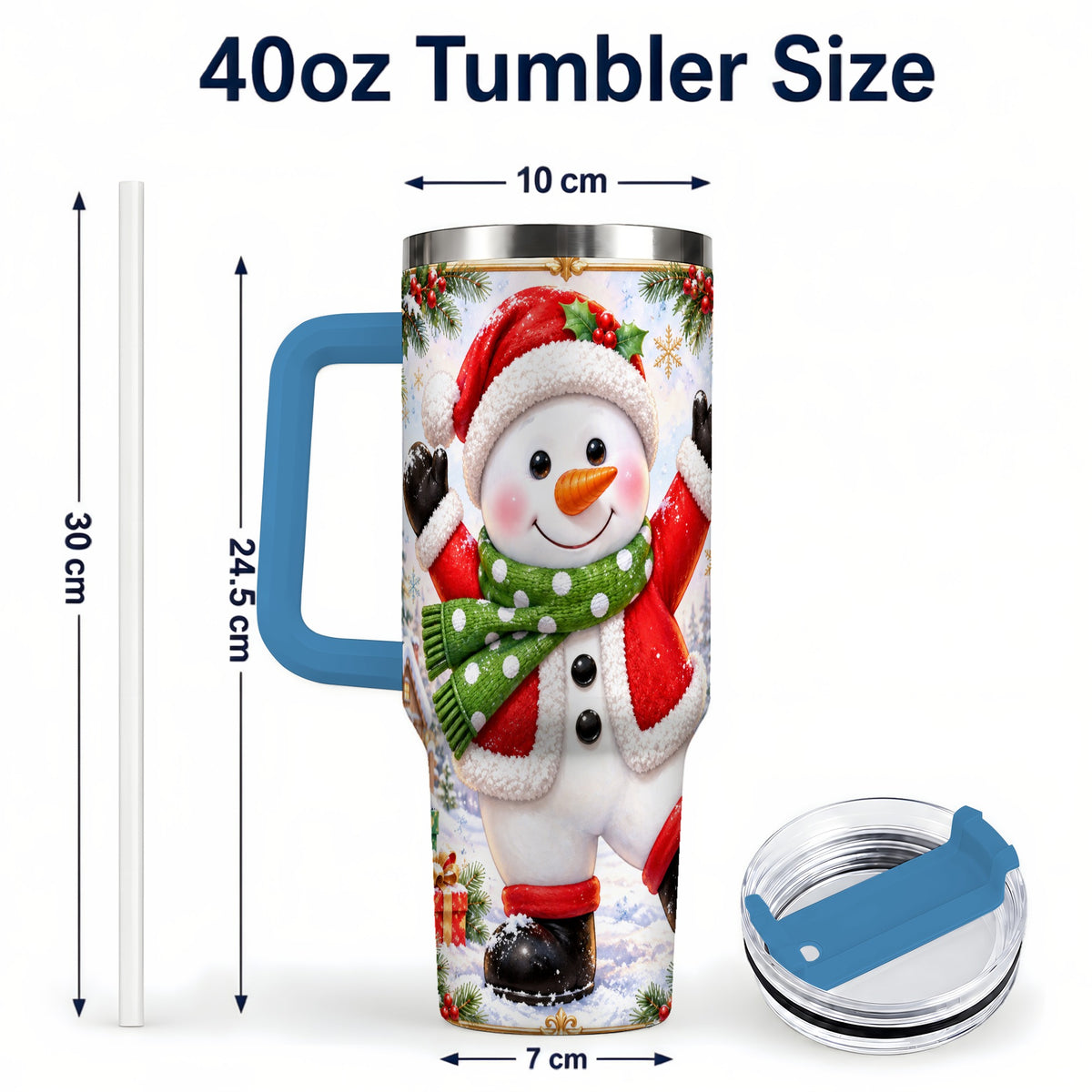 #pl[40oz|Blue] Christmas Snowman 40oz Tumbler with Handle, Festive Winter Travel Cup
