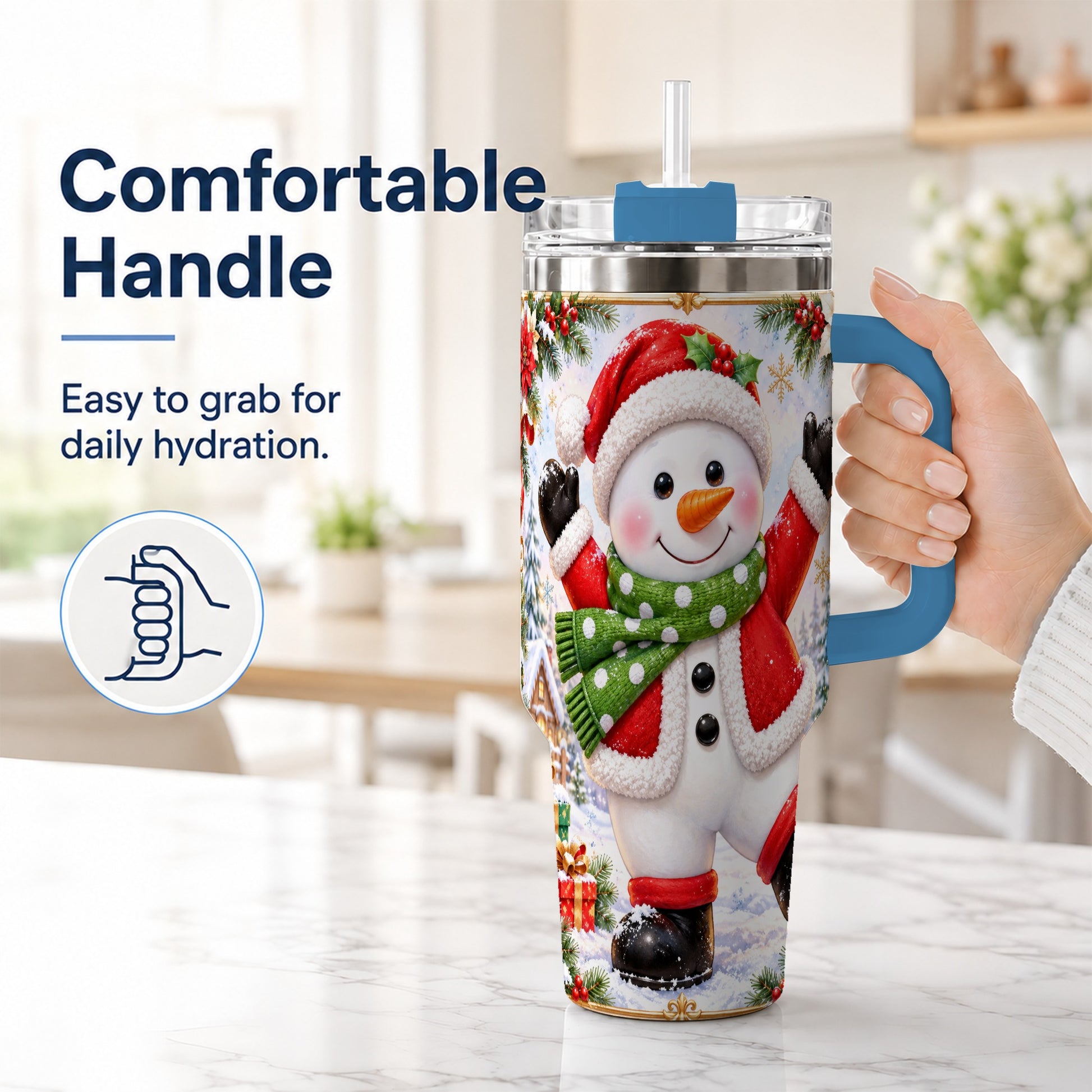 #pl[40oz|Blue] Christmas Snowman 40oz Tumbler with Handle, Festive Winter Travel Cup