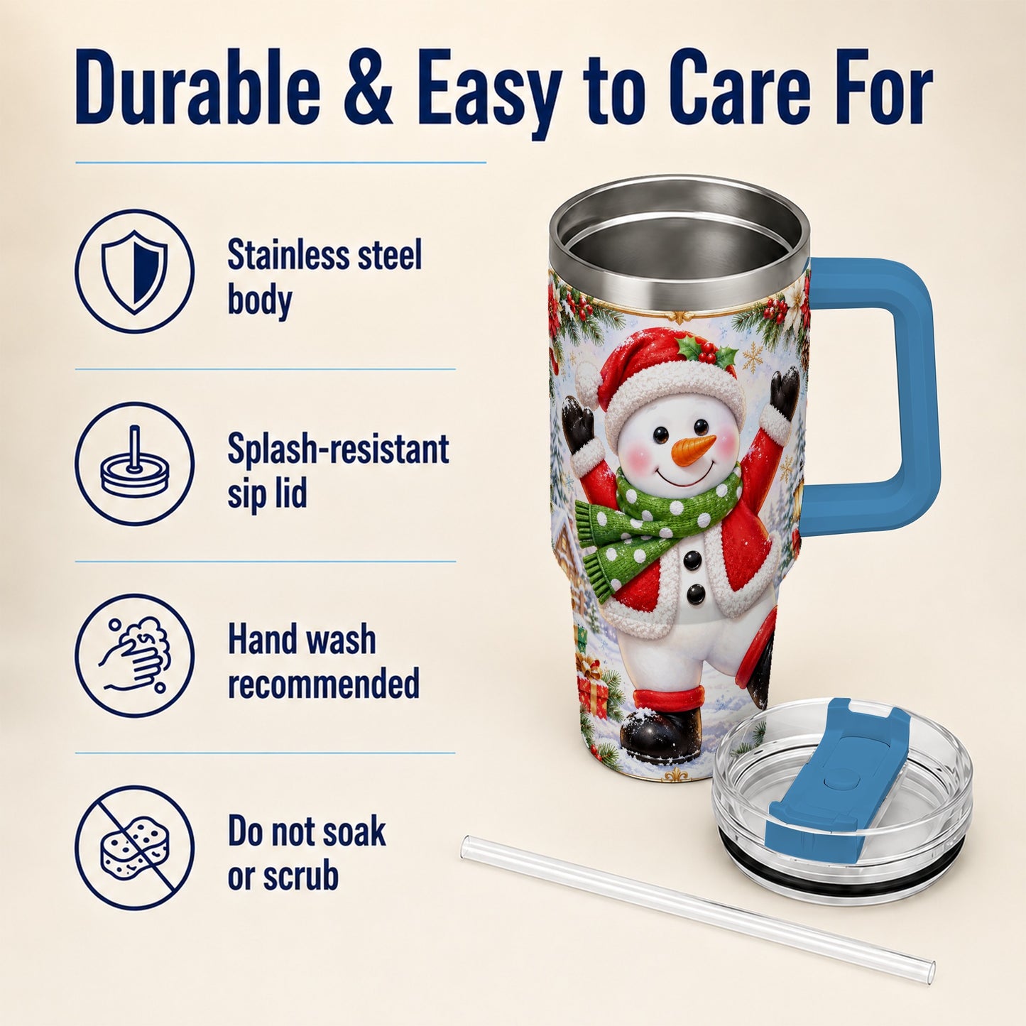 #pl[40oz|Blue] Christmas Snowman 40oz Tumbler with Handle, Festive Winter Travel Cup