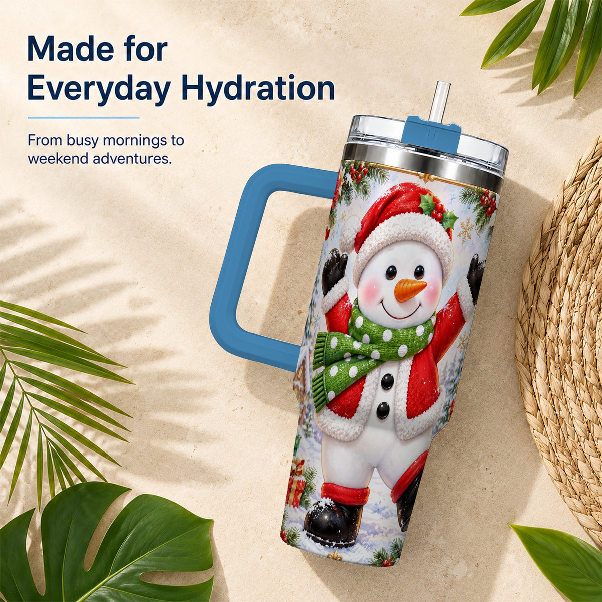 #pl[40oz|Blue] Christmas Snowman 40oz Tumbler with Handle, Festive Winter Travel Cup