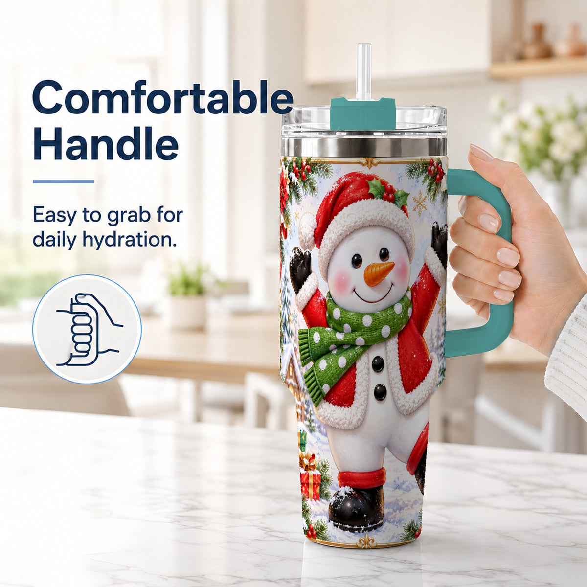 #pl[40oz|Green] Christmas Snowman 40oz Tumbler with Handle, Festive Winter Travel Cup