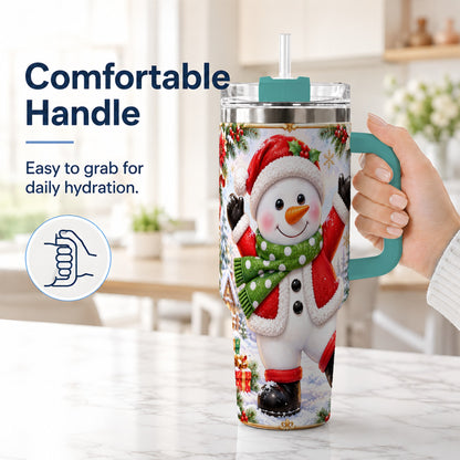 #pl[40oz|Green] Christmas Snowman 40oz Tumbler with Handle, Festive Winter Travel Cup