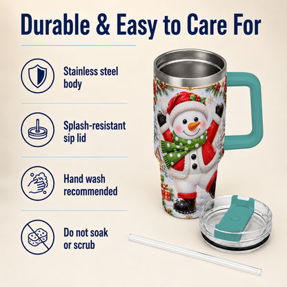 #pl[40oz|Green] Christmas Snowman 40oz Tumbler with Handle, Festive Winter Travel Cup
