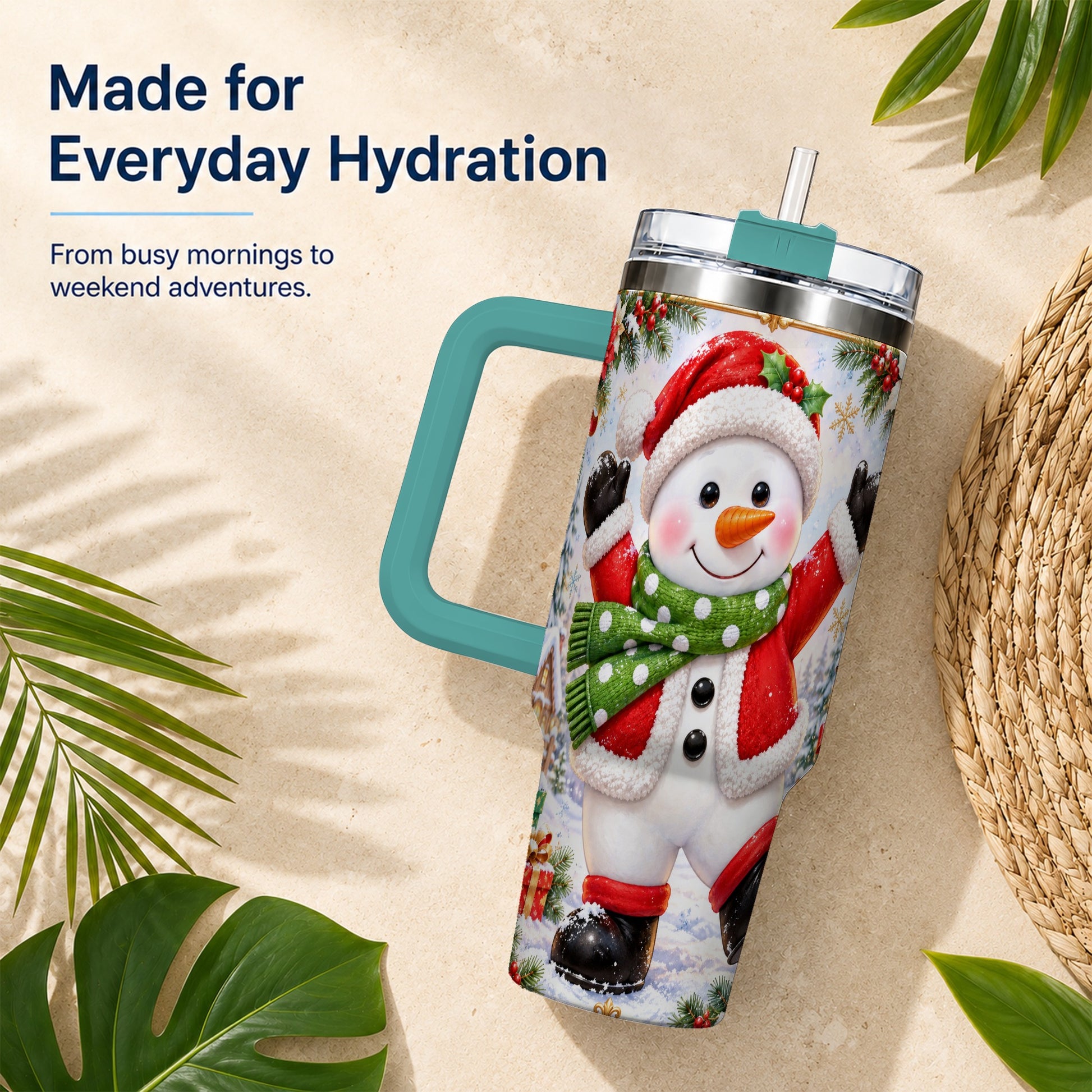 #pl[40oz|Green] Christmas Snowman 40oz Tumbler with Handle, Festive Winter Travel Cup