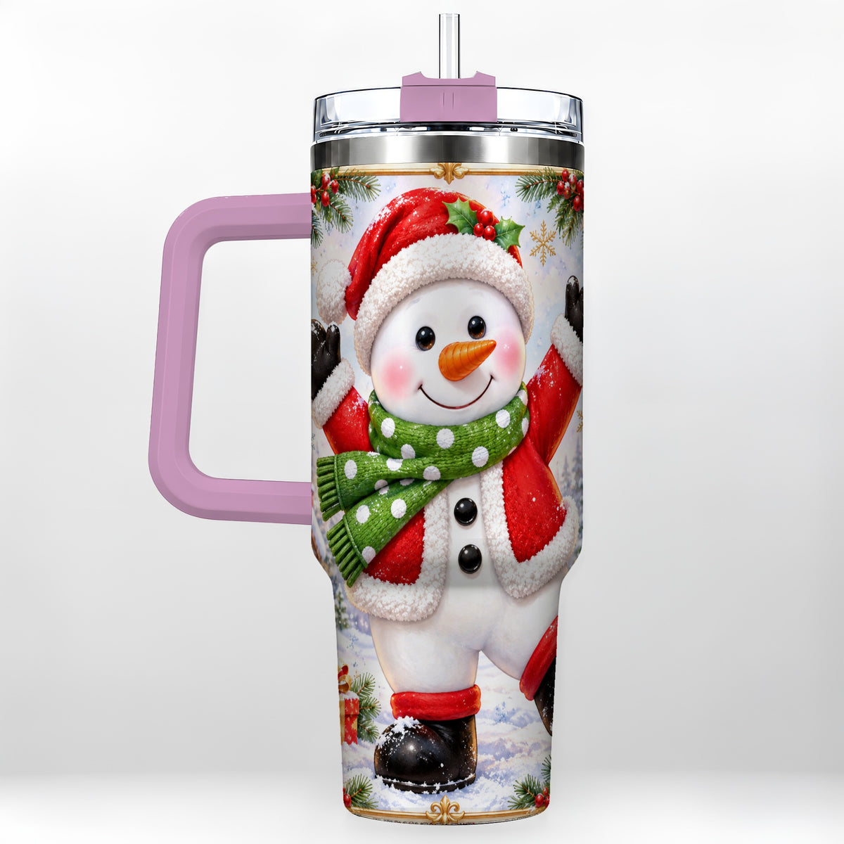 #pl[40oz|Pink] Christmas Snowman 40oz Tumbler with Handle, Festive Winter Travel Cup
