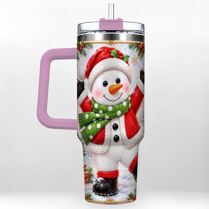 #pl[40oz|Pink] Christmas Snowman 40oz Tumbler with Handle, Festive Winter Travel Cup
