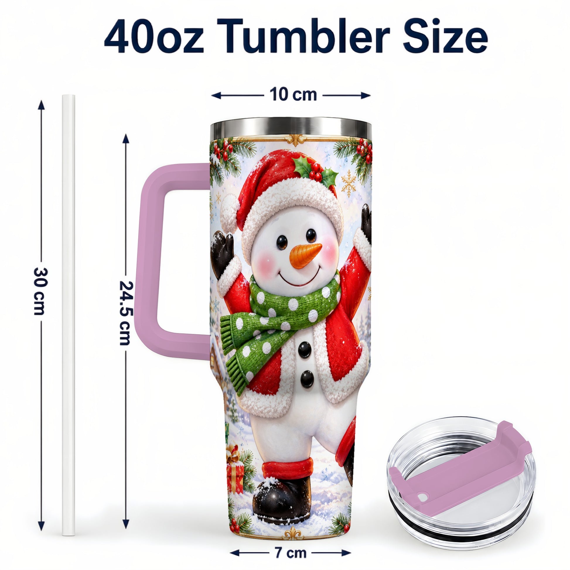 #pl[40oz|Pink] Christmas Snowman 40oz Tumbler with Handle, Festive Winter Travel Cup