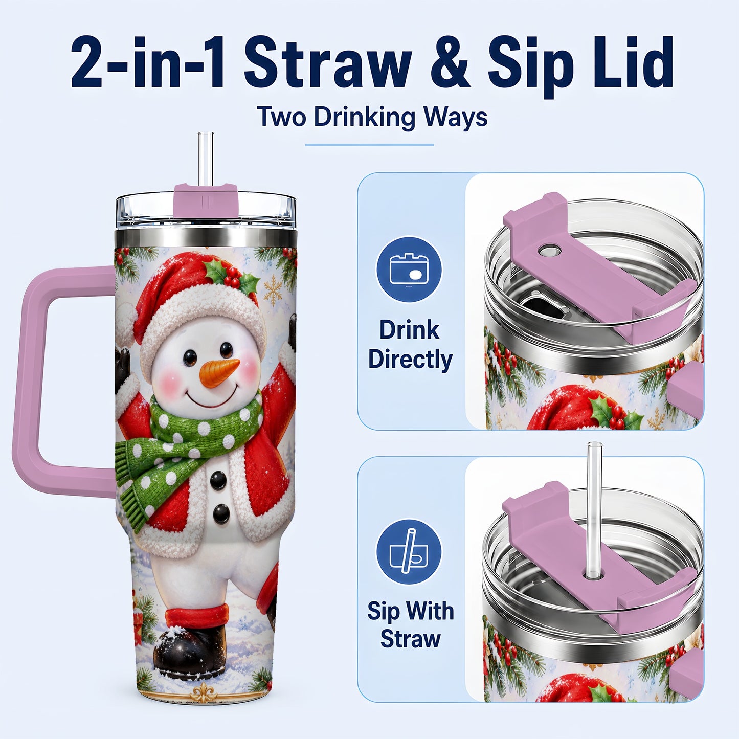 #pl[40oz|Pink] Christmas Snowman 40oz Tumbler with Handle, Festive Winter Travel Cup