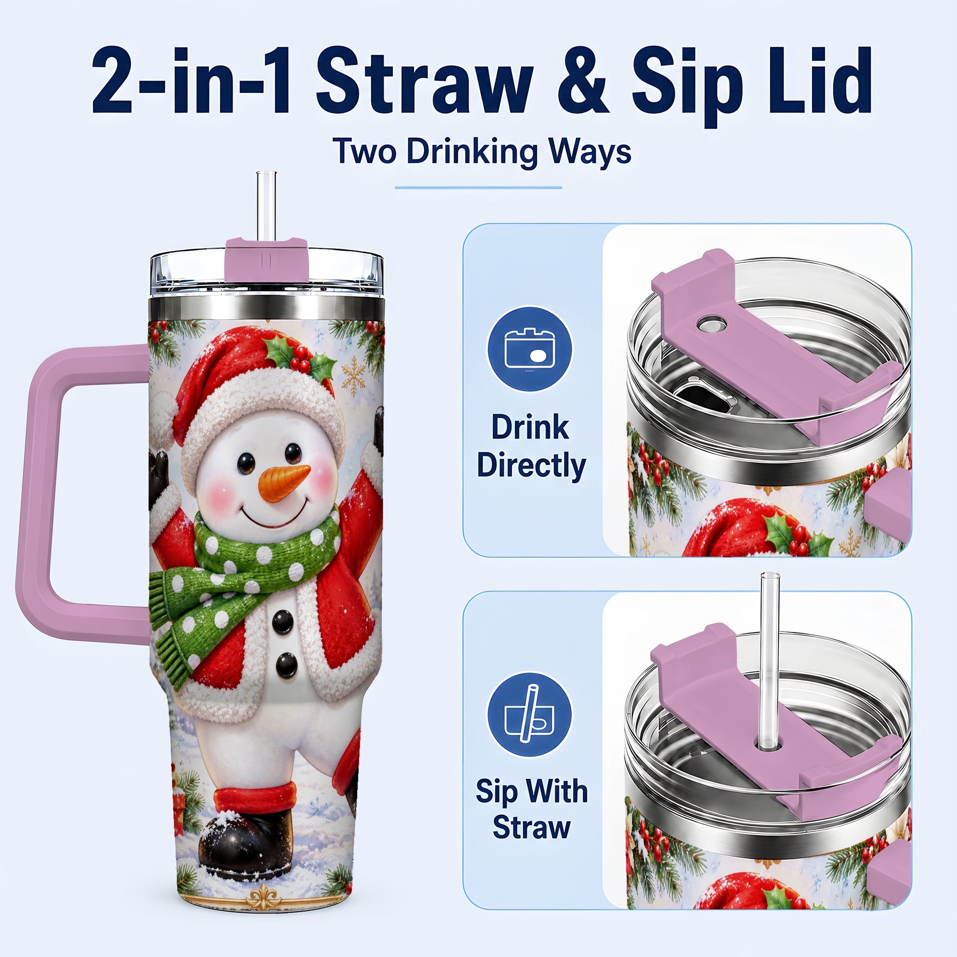 #pl[40oz|Pink] Christmas Snowman 40oz Tumbler with Handle, Festive Winter Travel Cup
