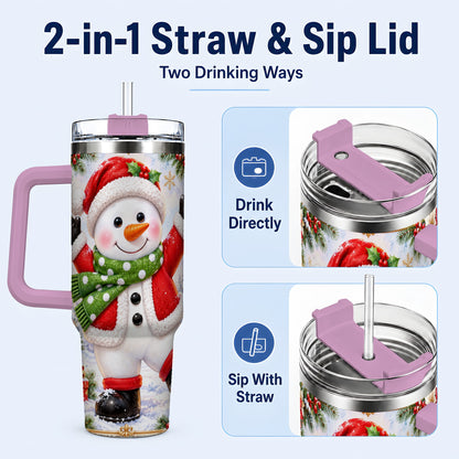 #pl[40oz|Pink] Christmas Snowman 40oz Tumbler with Handle, Festive Winter Travel Cup