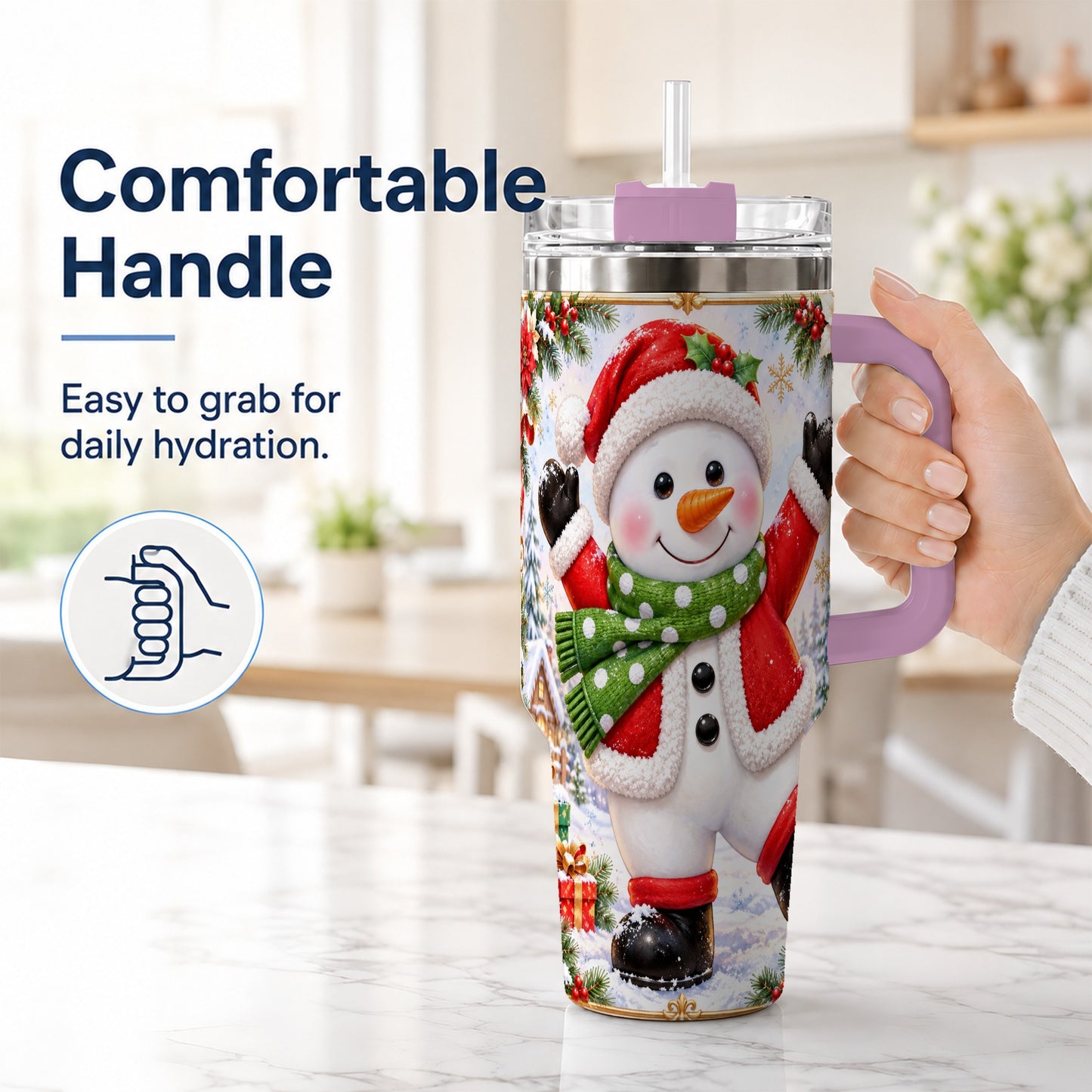 #pl[40oz|Pink] Christmas Snowman 40oz Tumbler with Handle, Festive Winter Travel Cup