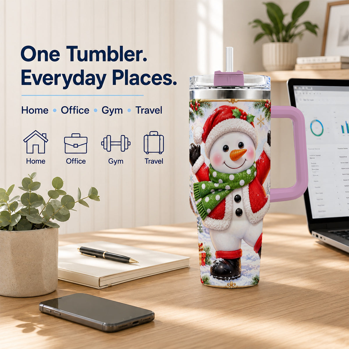 #pl[40oz|Pink] Christmas Snowman 40oz Tumbler with Handle, Festive Winter Travel Cup