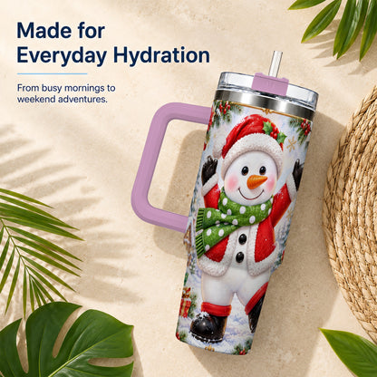 #pl[40oz|Pink] Christmas Snowman 40oz Tumbler with Handle, Festive Winter Travel Cup