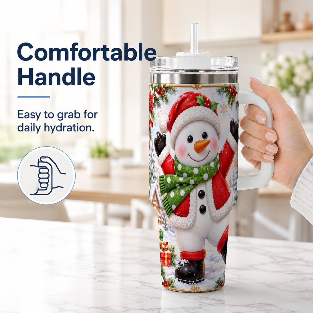 #pl[40oz|White] Christmas Snowman 40oz Tumbler with Handle, Festive Winter Travel Cup