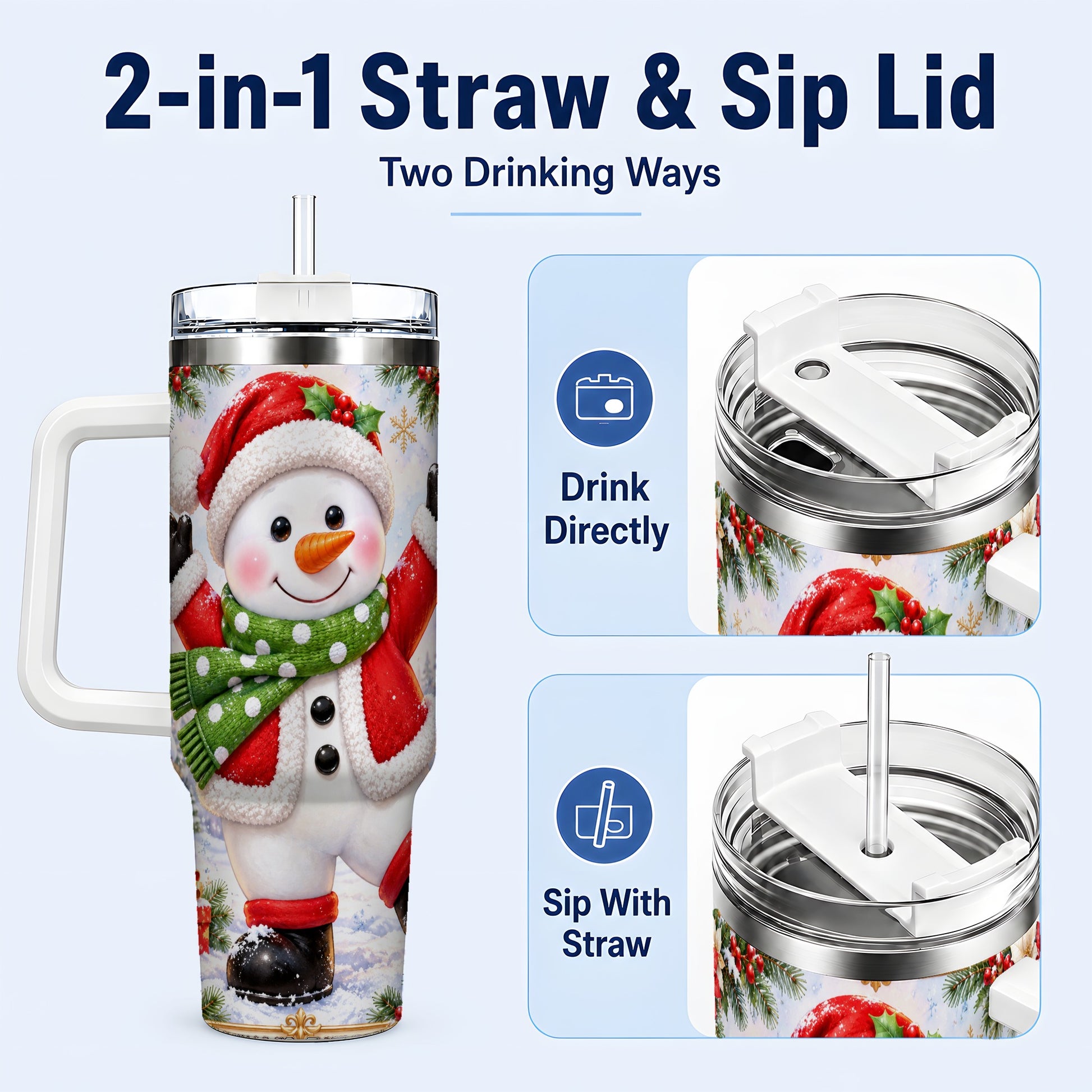 #pl[40oz|White] Christmas Snowman 40oz Tumbler with Handle, Festive Winter Travel Cup