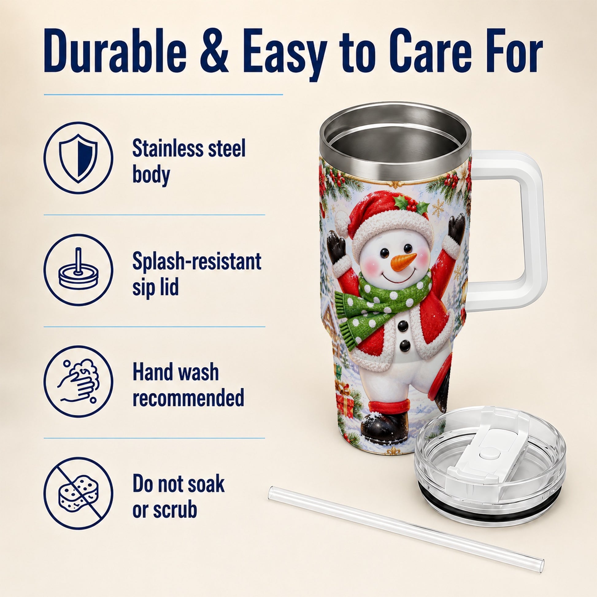 #pl[40oz|White] Christmas Snowman 40oz Tumbler with Handle, Festive Winter Travel Cup