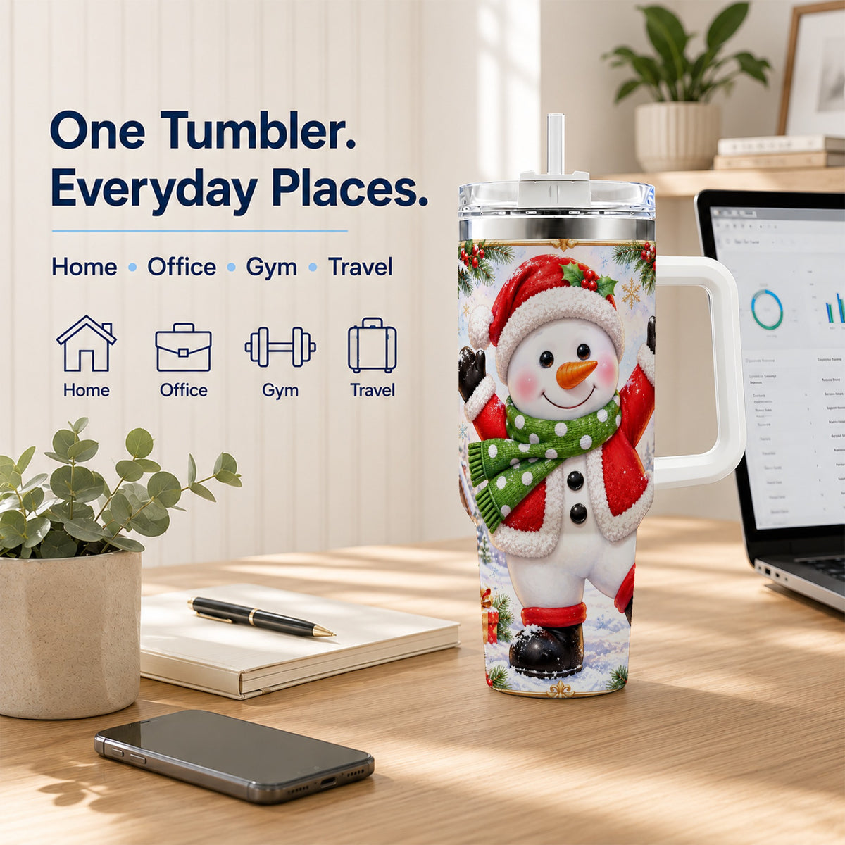 #pl[40oz|White] Christmas Snowman 40oz Tumbler with Handle, Festive Winter Travel Cup