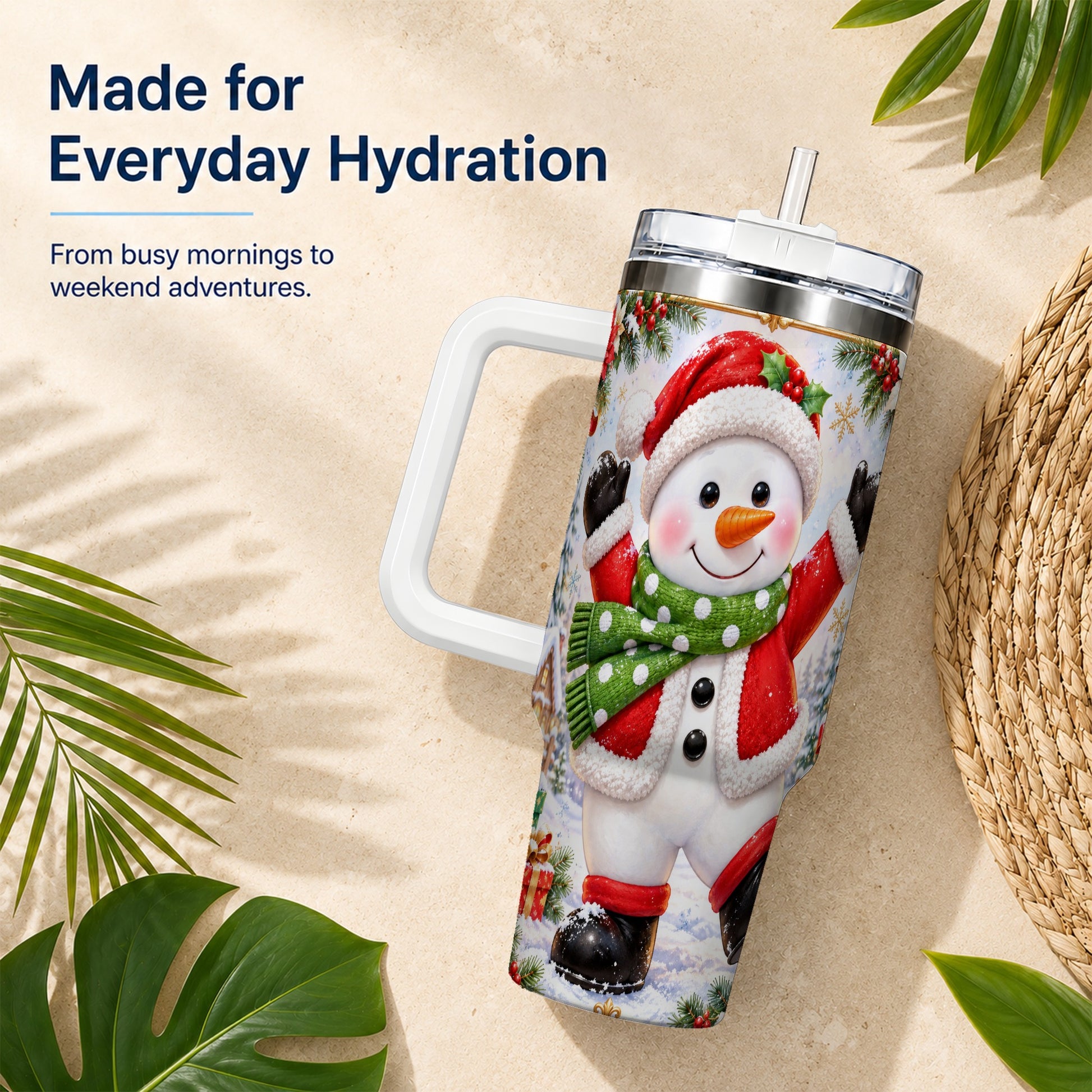 #pl[40oz|White] Christmas Snowman 40oz Tumbler with Handle, Festive Winter Travel Cup