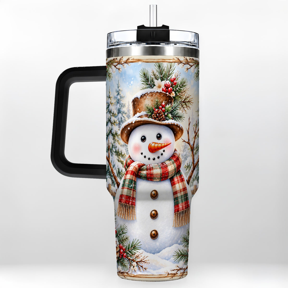 #pl[40oz|Black] Rustic Snowman 40oz Tumbler with Handle, Winter Travel Cup