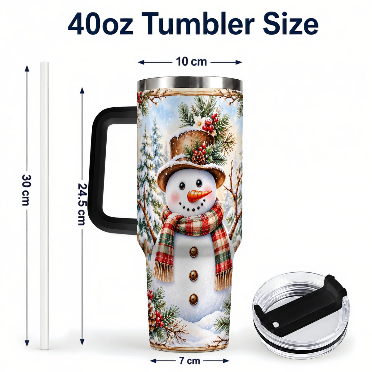 #pl[40oz|Black] Rustic Snowman 40oz Tumbler with Handle, Winter Travel Cup