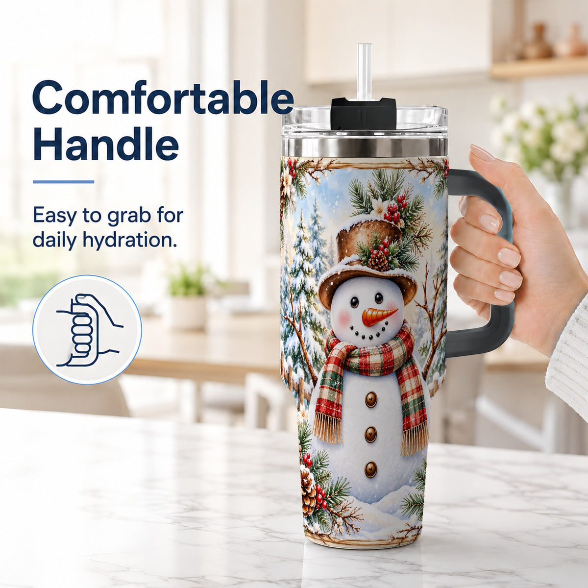 #pl[40oz|Black] Rustic Snowman 40oz Tumbler with Handle, Winter Travel Cup