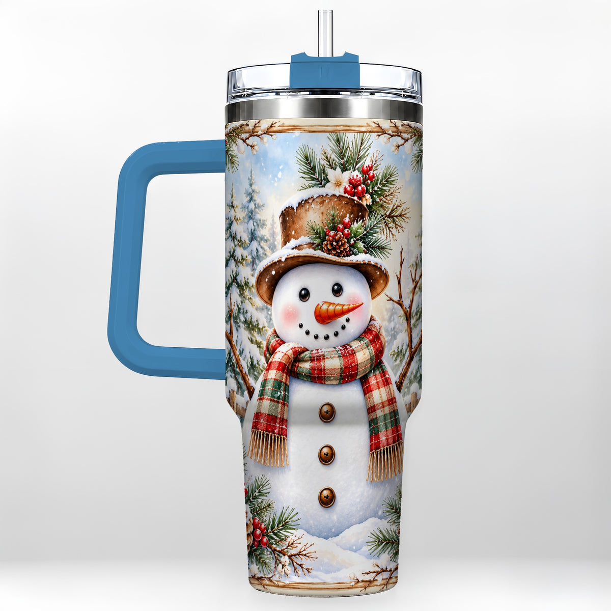#pl[40oz|Blue] Rustic Snowman 40oz Tumbler with Handle, Winter Travel Cup