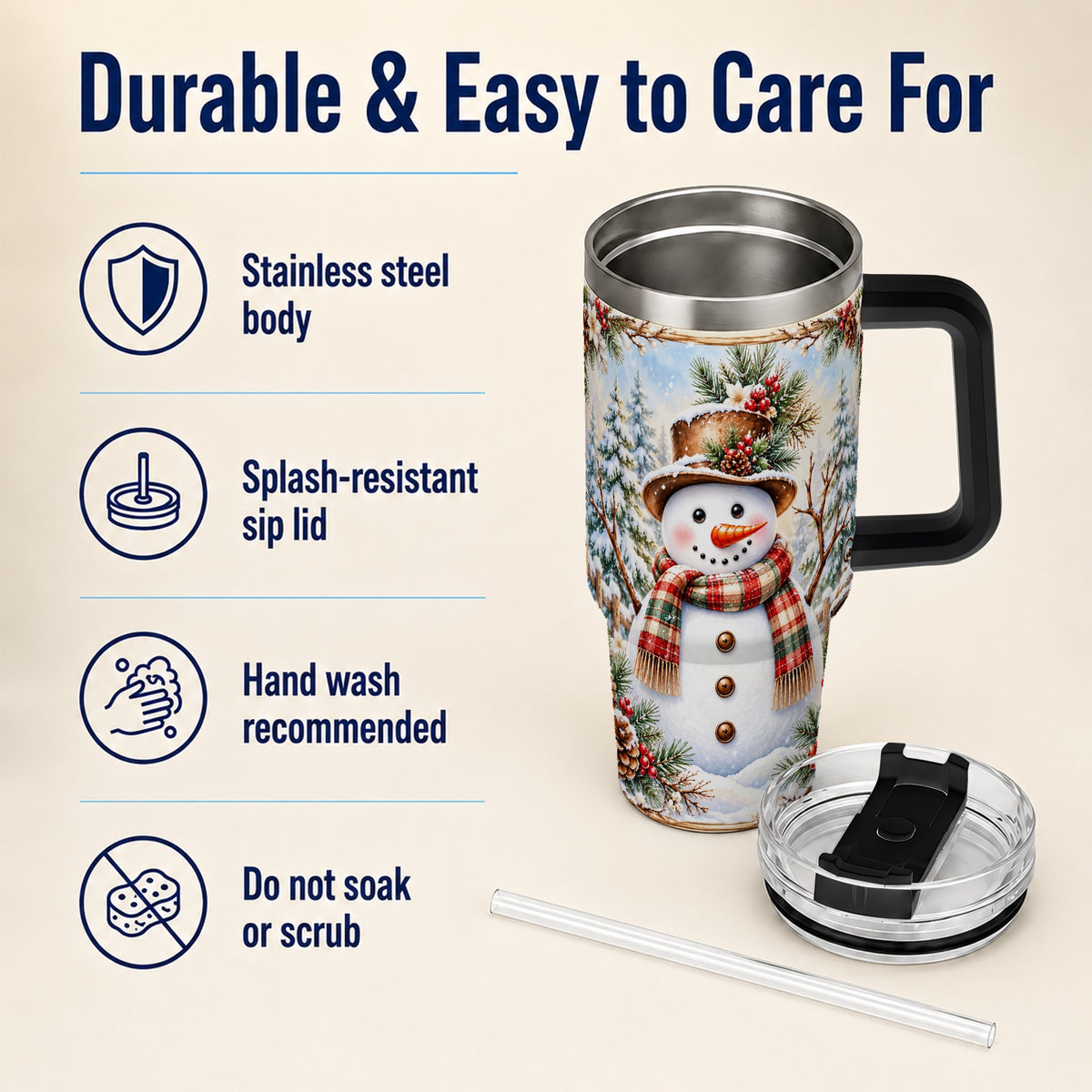 #pl[40oz|Black] Rustic Snowman 40oz Tumbler with Handle, Winter Travel Cup