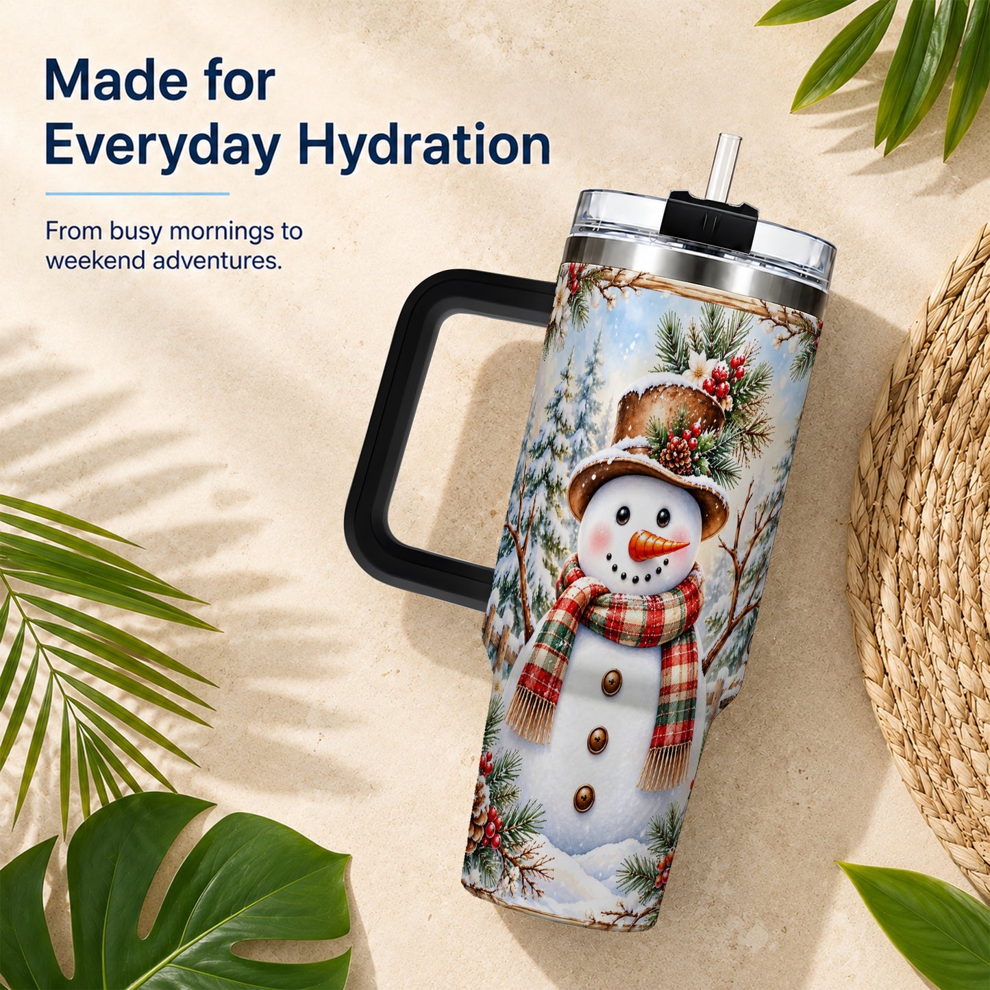 #pl[40oz|Black] Rustic Snowman 40oz Tumbler with Handle, Winter Travel Cup