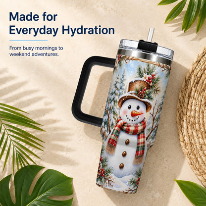 #pl[40oz|Black] Rustic Snowman 40oz Tumbler with Handle, Winter Travel Cup