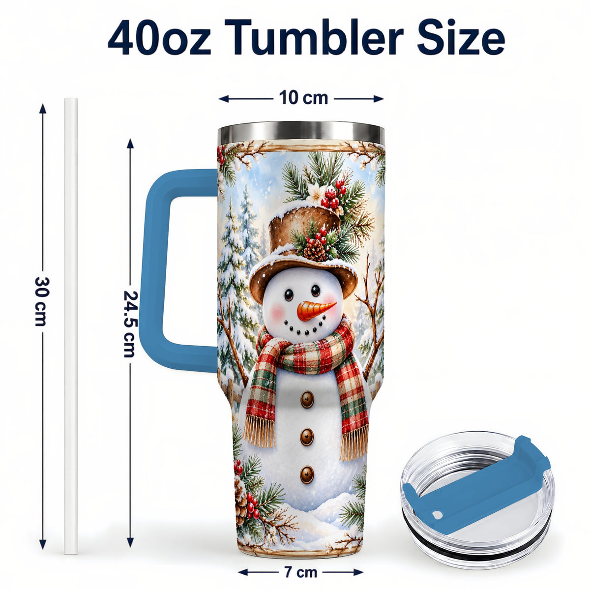 #pl[40oz|Blue] Rustic Snowman 40oz Tumbler with Handle, Winter Travel Cup
