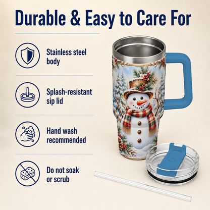 #pl[40oz|Blue] Rustic Snowman 40oz Tumbler with Handle, Winter Travel Cup