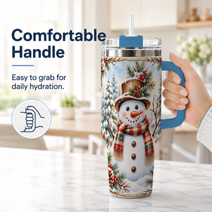 #pl[40oz|Blue] Rustic Snowman 40oz Tumbler with Handle, Winter Travel Cup